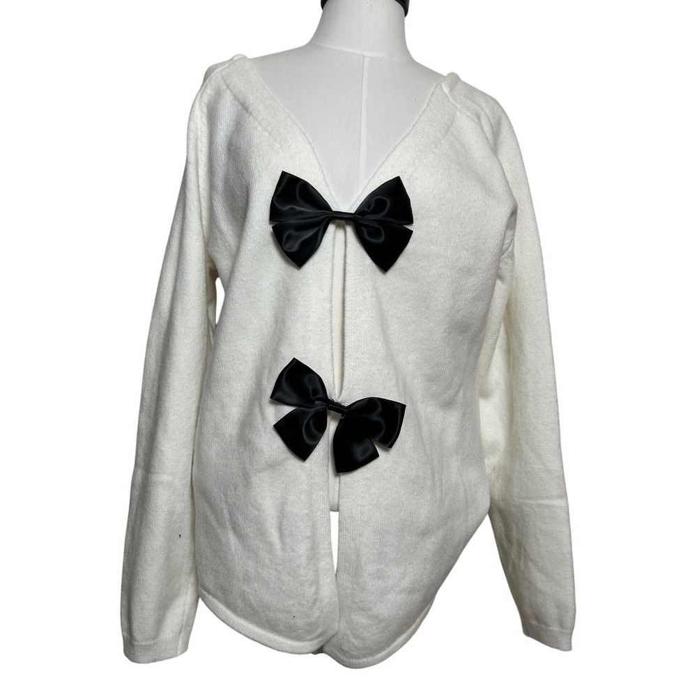 White‎ Knit Cardigan Oversized Black Satin Bows XL Balletcore Coquette Girly